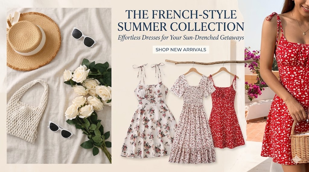 Collection banner for Summer Fashion & Vintage Style Essentials featuring floral dresses, tie-strap camisoles, and smocked midi gowns.