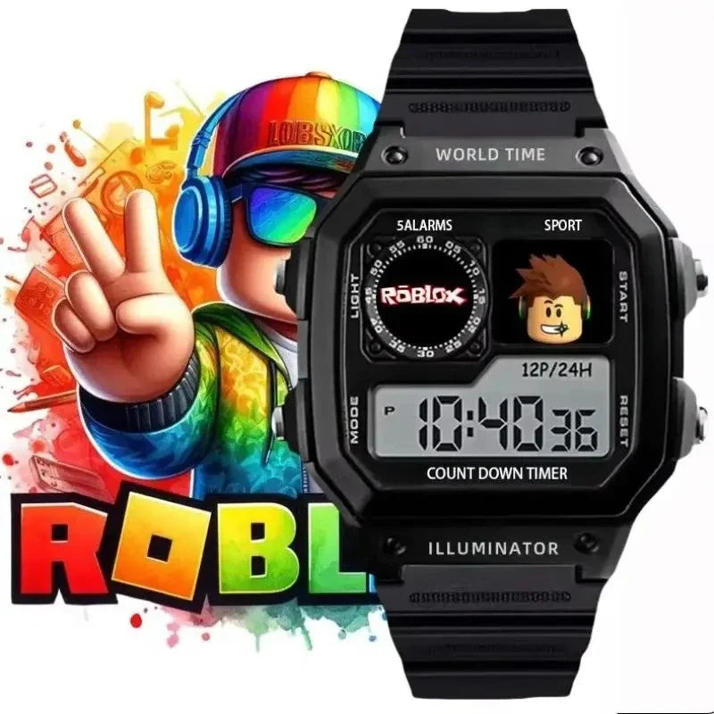 Close-up of a modern Roblox Watch displayed in a futuristic glass case with neon lighting, representing digital fashion in the real world