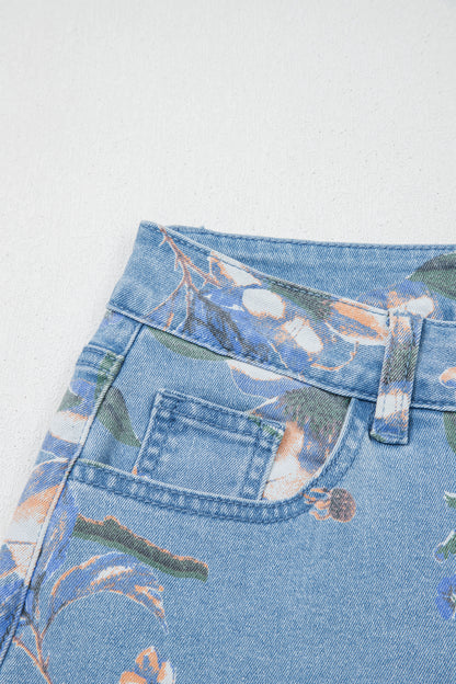 Sky Blue Retro Floral Print Frayed Hem Shift Jeans