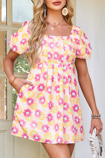 Rose Vibrant Floral Square Neck Puff Sleeve Pleated Flared Midi Dress