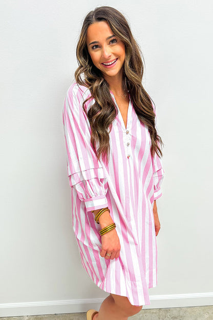 Rose Stripe Bracelet Sleeve Buttons Loose Mini Dress