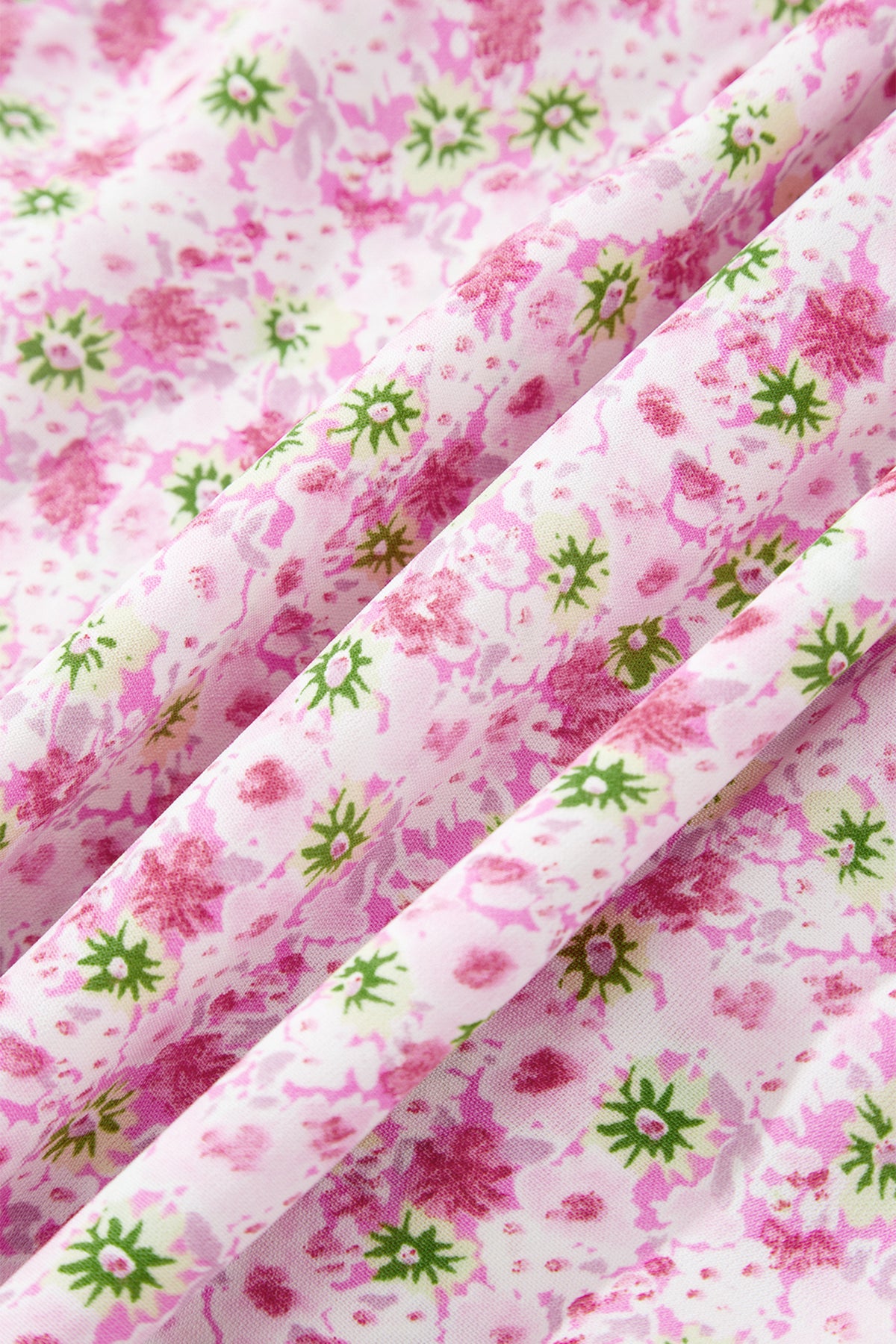 Pink Floral Short Bubble Sleeve Shirred High Waist Maxi Dress