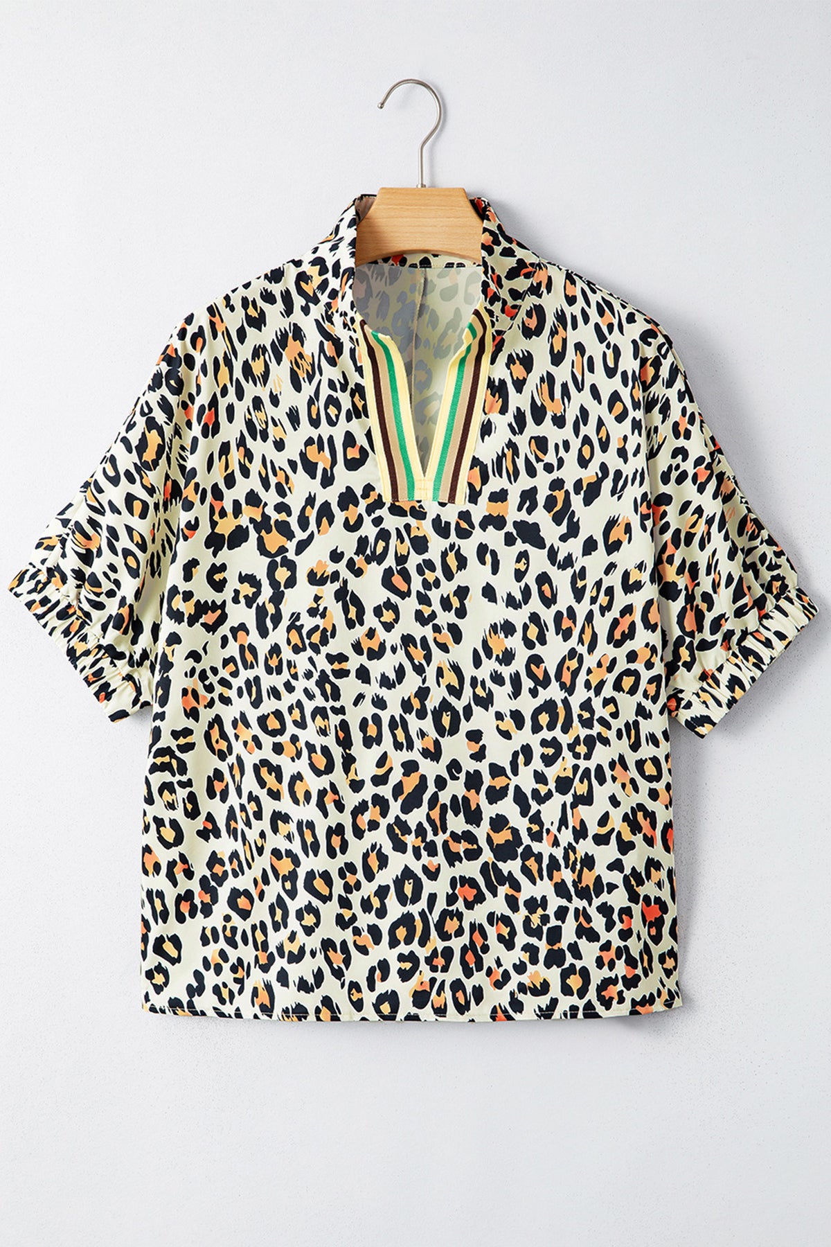 Sky Blue Leopard Color Block Contrast Striped V Neck Half Sleeve Loose Fit Blouse