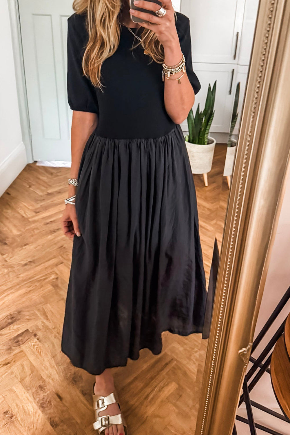 Coffee Short Sleeve Knit Top Patchwork Pleated Long Dress