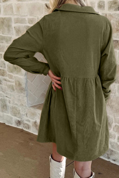 Black Corduroy Half Button Collared Long Sleeve Mini Dress