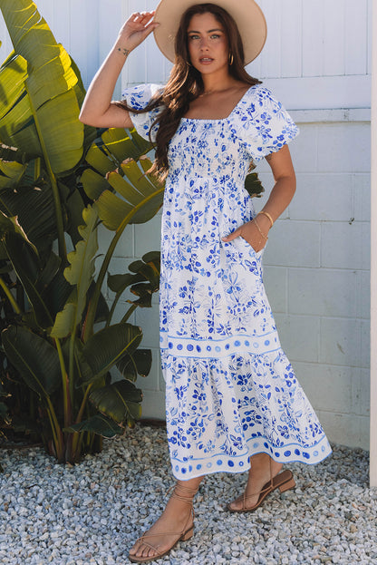 Sky Blue Floral Print Square Neck Bubble Sleeve High Waist Maxi Dress