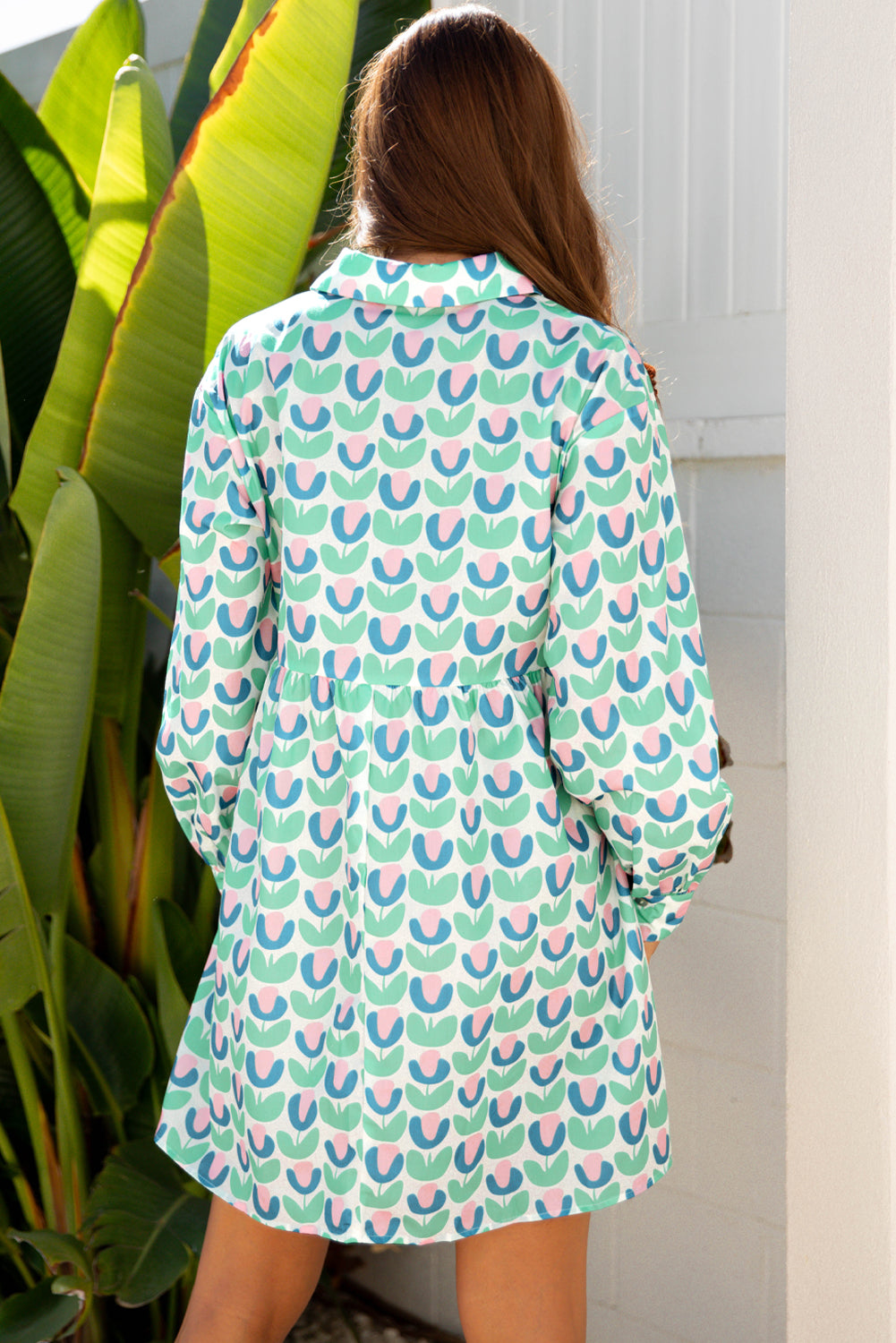 Green Floral Print Notched Neck Scalloped Detail Long Sleeve Mini Dress