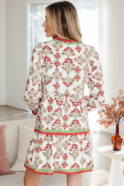 Pink Floral Print Contrast Trim Frilled Neck Long Sleeve Flared Dress