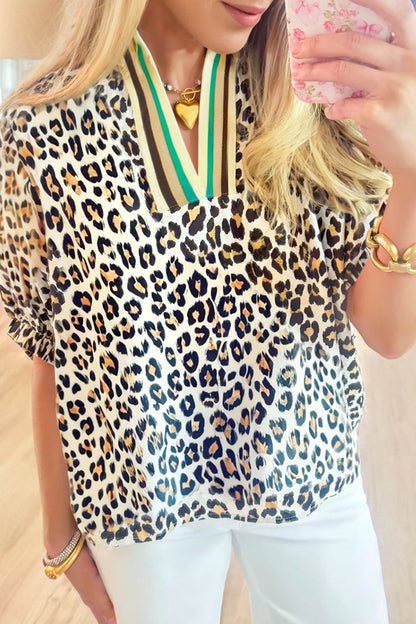 Sky Blue Leopard Color Block Contrast Striped V Neck Half Sleeve Loose Fit Blouse