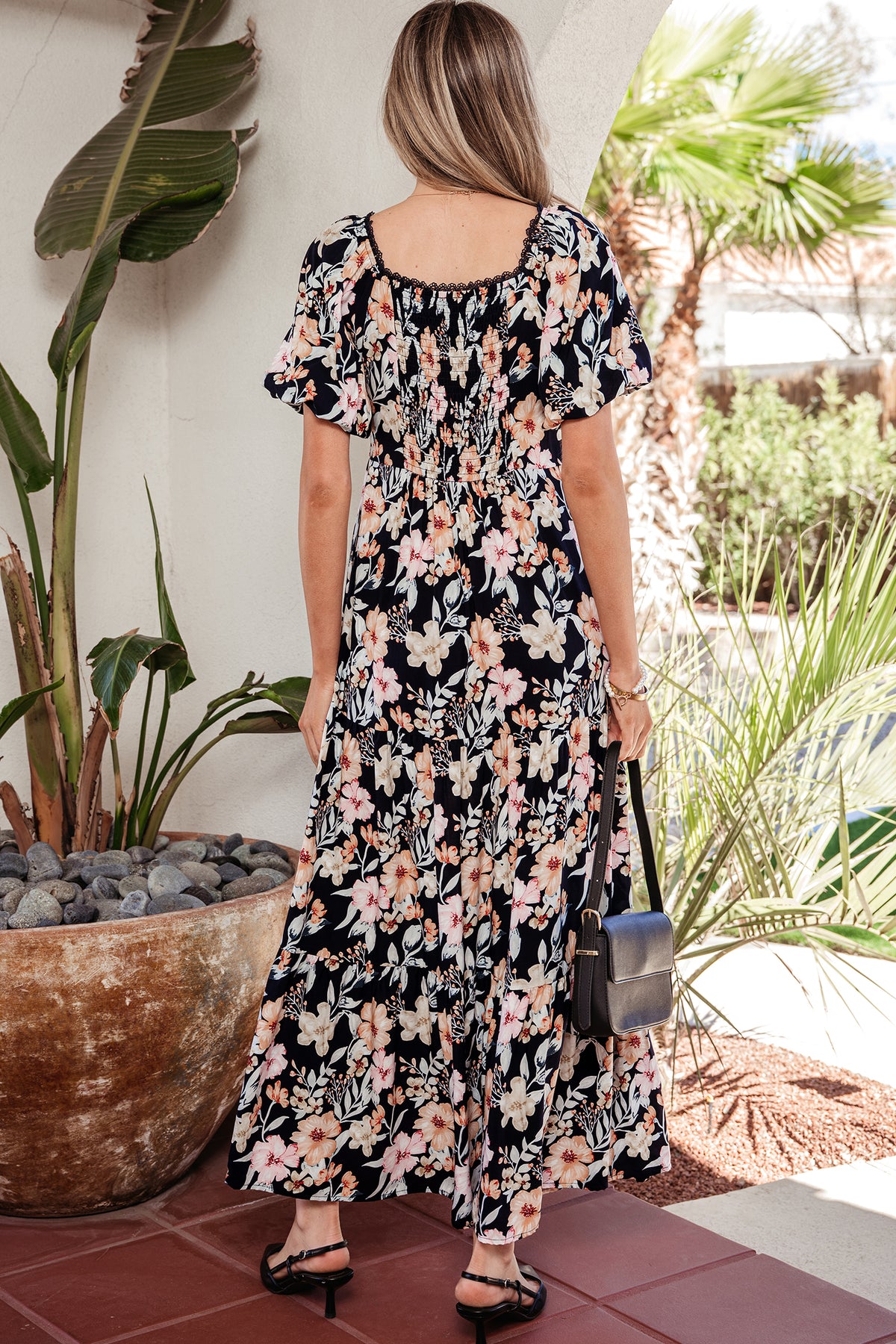 Blue Short Sleeve Smocked Detail High Waist Floral Maxi Dress