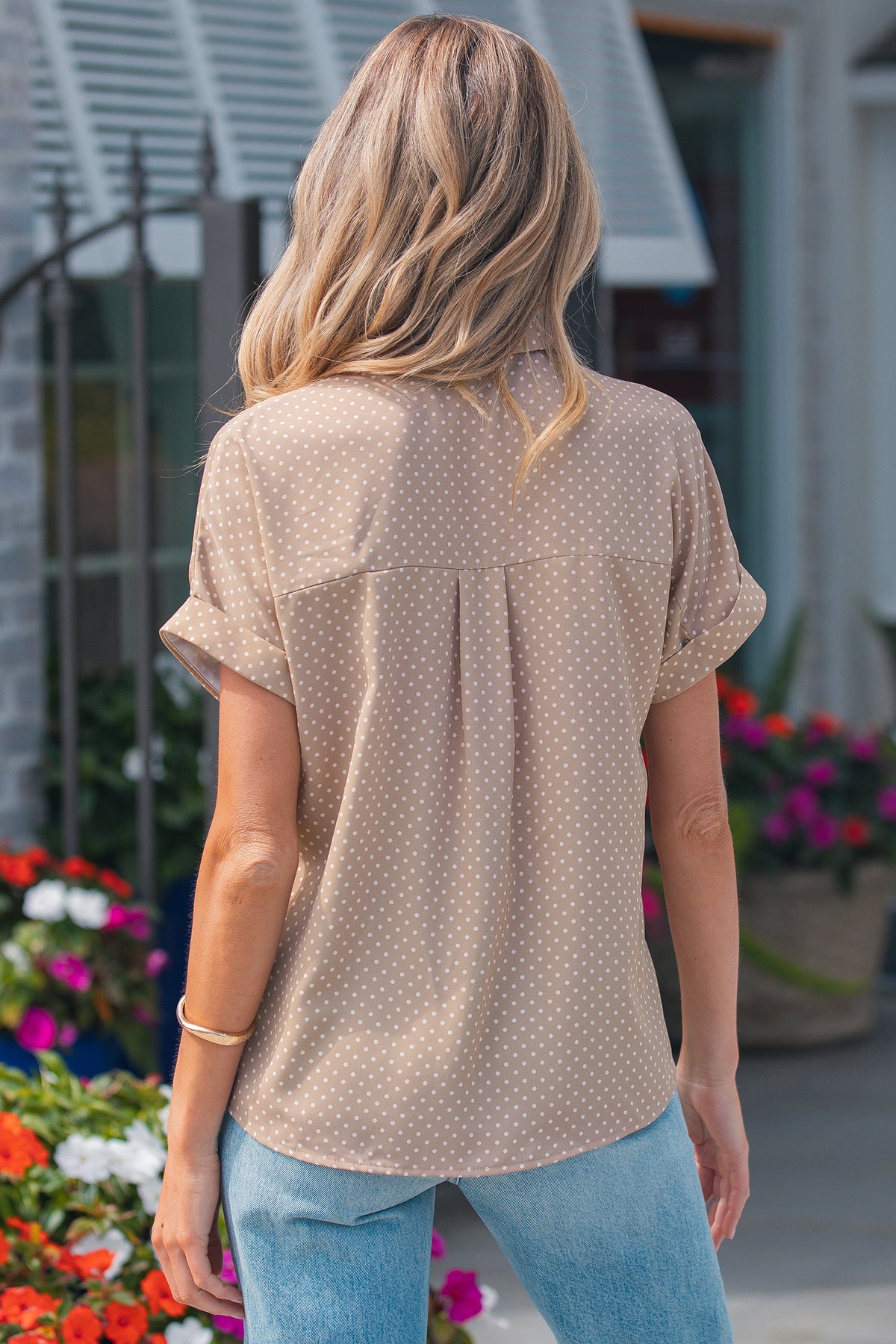 Sky Blue Dotted Print Cuffed Short Sleeve Shirt