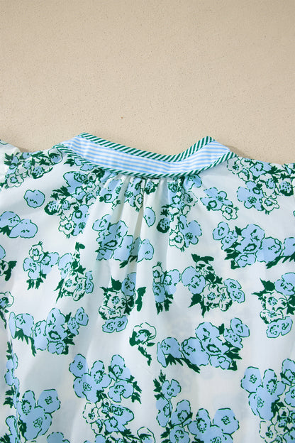 Green Floral Meets Stripes V Neck Flutter Sleeve Blouse