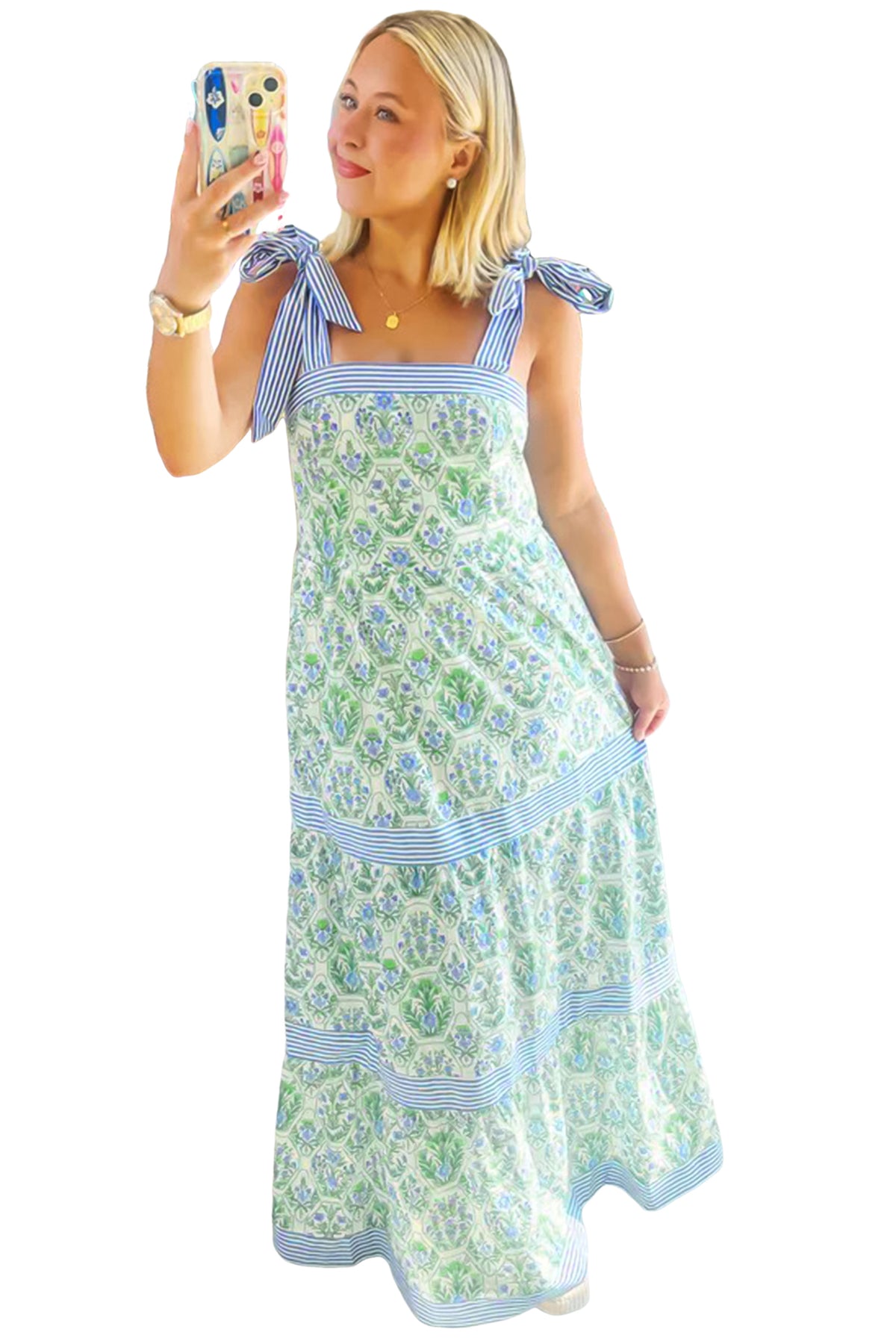 Pink Geometric Floral Print Striped Patchwork Detail Sleeveless Dress