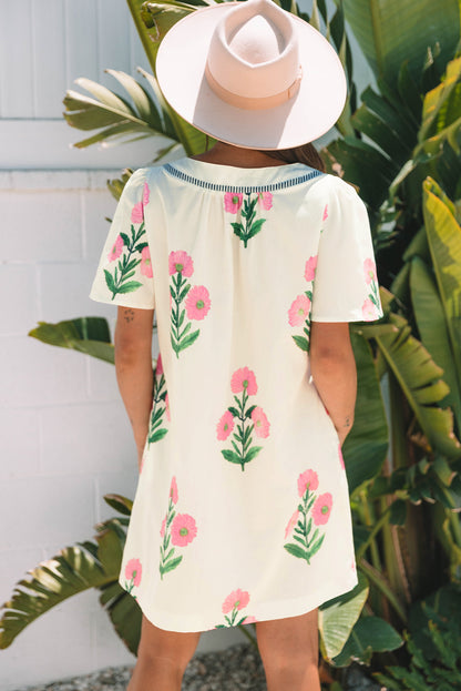 Blue Floral Short Sleeve Split Neck Loose Mini Dress