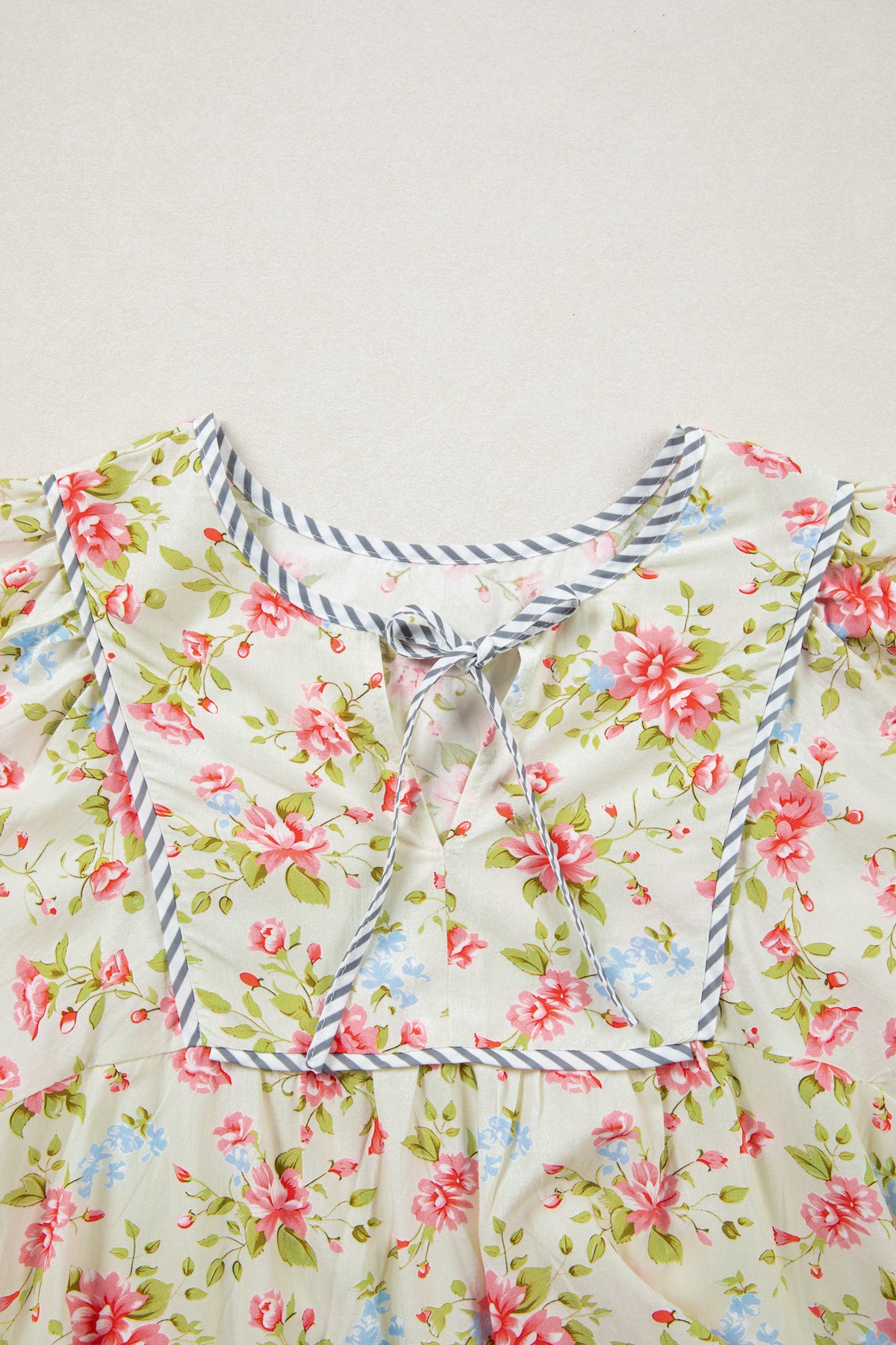Apricot Striped Edge 3/4 Puff Sleeve Floral Dress