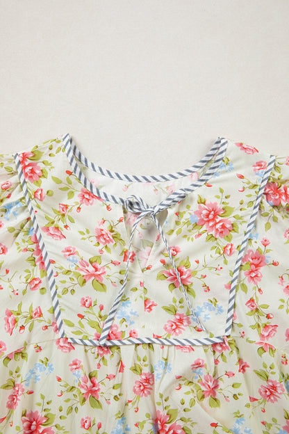 Apricot Striped Edge 3/4 Puff Sleeve Floral Dress