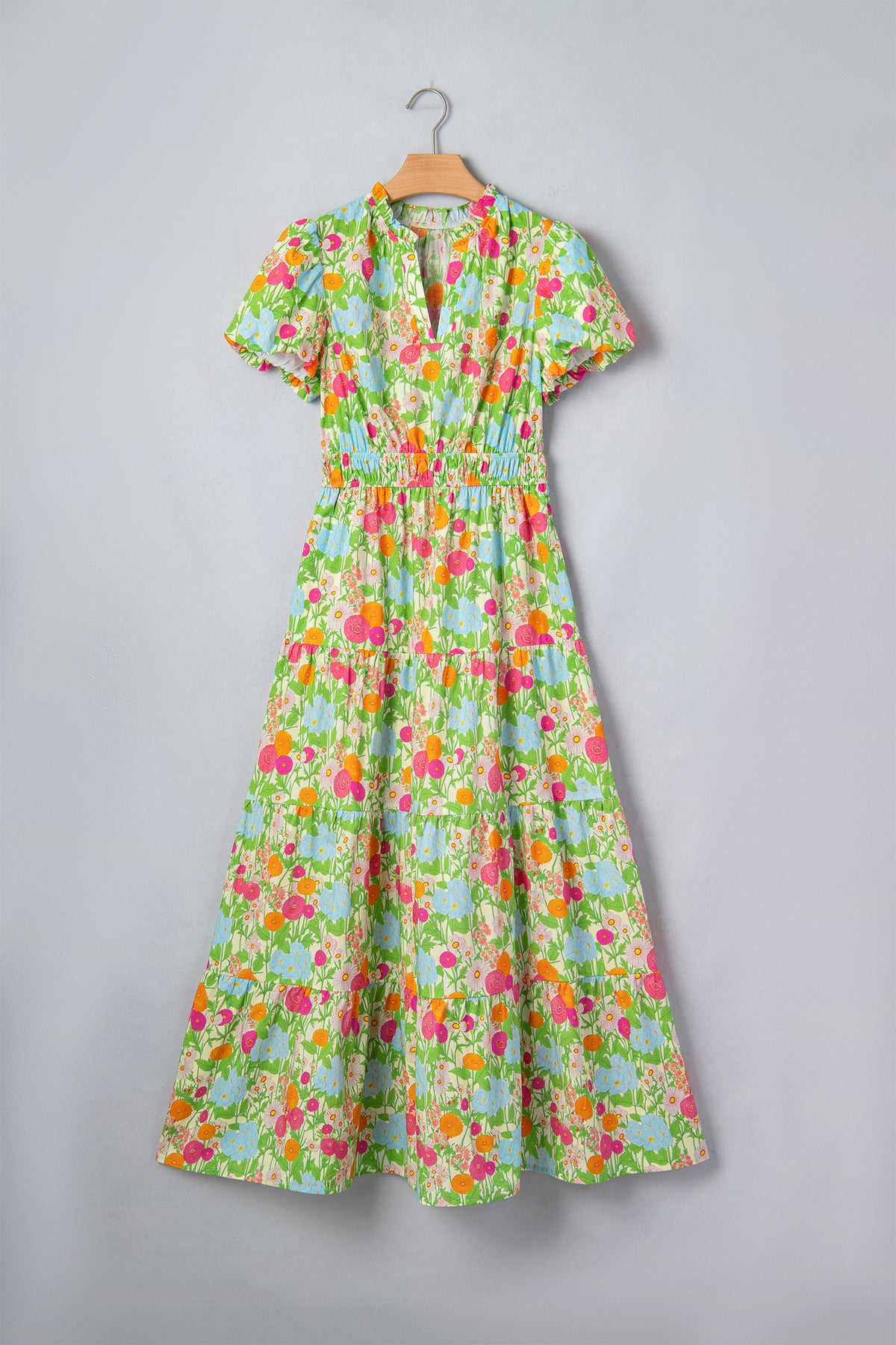 Green Floral Print V Neck Short Puff Sleeve Cotton Maxi Dress