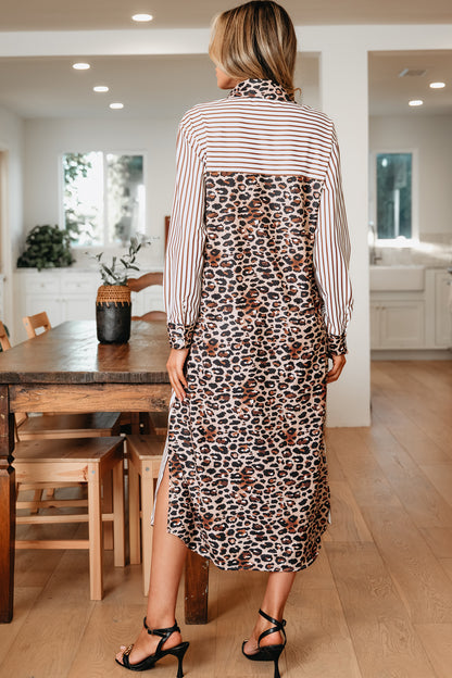 Sky Blue Stripe Contrast Leopard Patchwork Long Shirt Dress with Slits