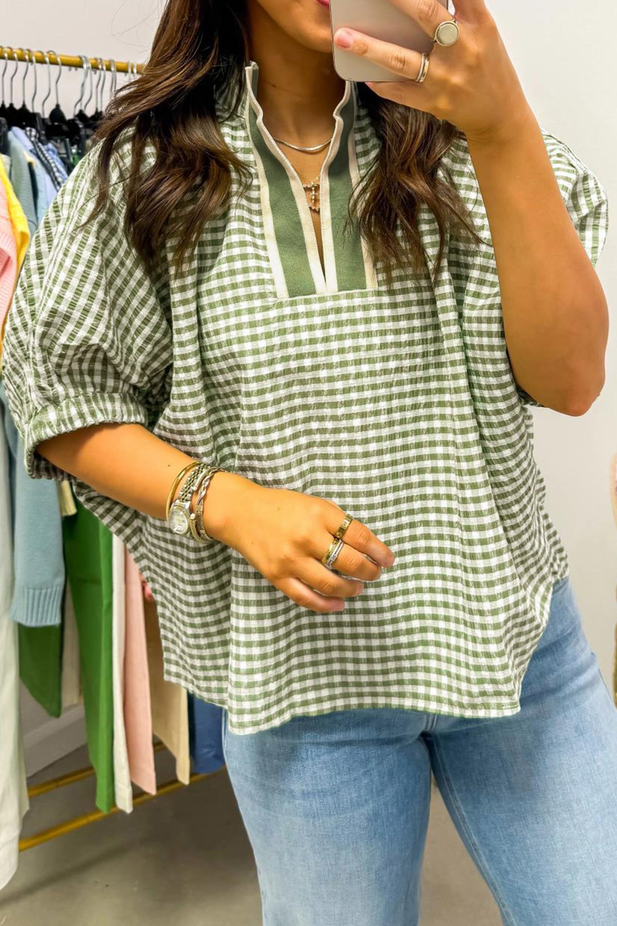 Red Plaid Short Sleeve Colorblock Trim Split Neck Blouse