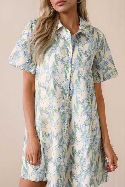 Green Floral Print Shirtcollar Buttoned Short Sleeve Shift Dress
