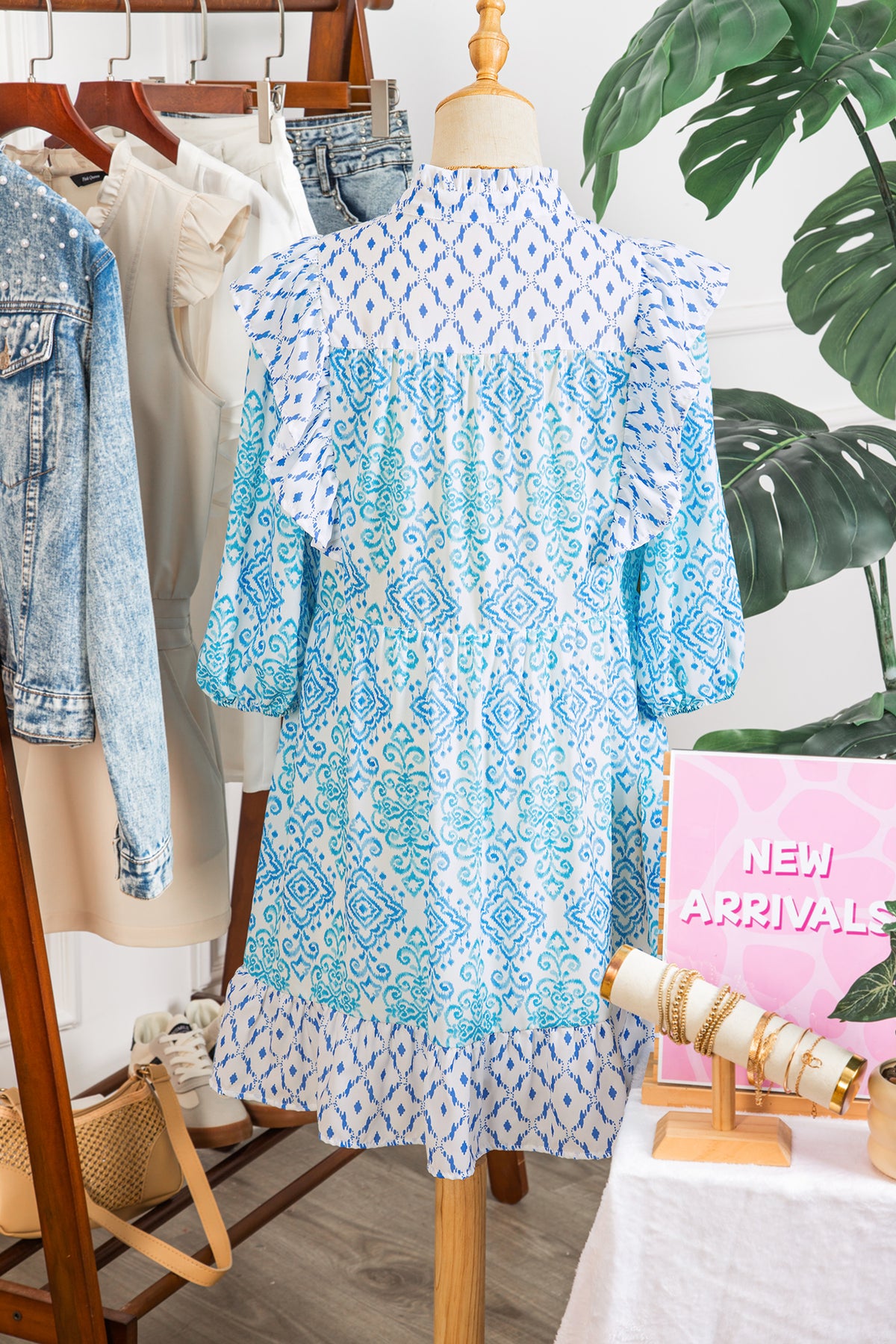 Sky Blue Boho Floral Geometric Patchwork Ruffle Detail Puff Sleeve Mini Dress
