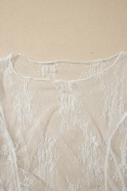 White Exposed Seam Ruched Sheer Floral Mesh Top