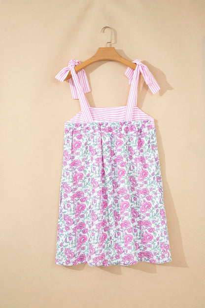 Sky Blue Floral Print Striped Patchwork Bow Knot Straps Mini Dress