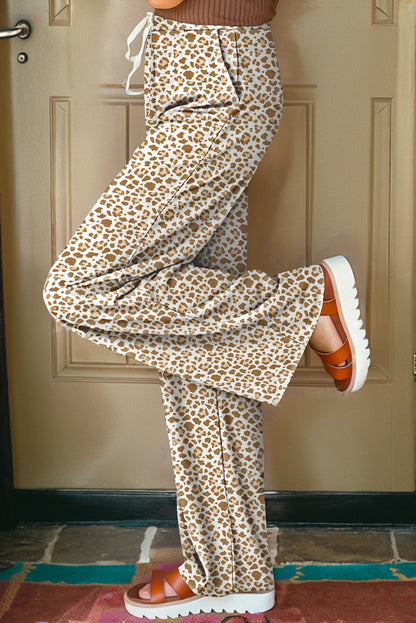 Brown Leopard Drawstring Elastic Waistband Loose Pants