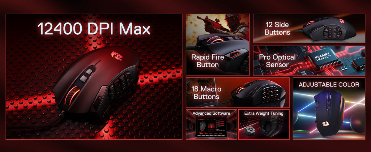 Redragon M921 MMO Gaming Mouse 12400 DPI High Precision Wired RGB Mice 18 Programmable Buttons, 12 Side Macro Keys