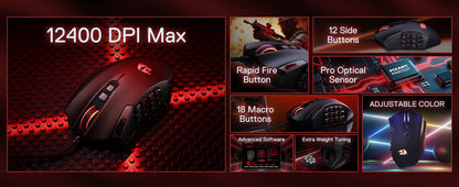 Redragon M921 MMO Gaming Mouse 12400 DPI High Precision Wired RGB Mice 18 Programmable Buttons, 12 Side Macro Keys
