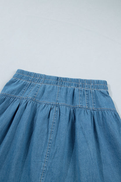 Sky Blue Half Buttons Pleated High Waist Denim Mini Skirt with Drawstring