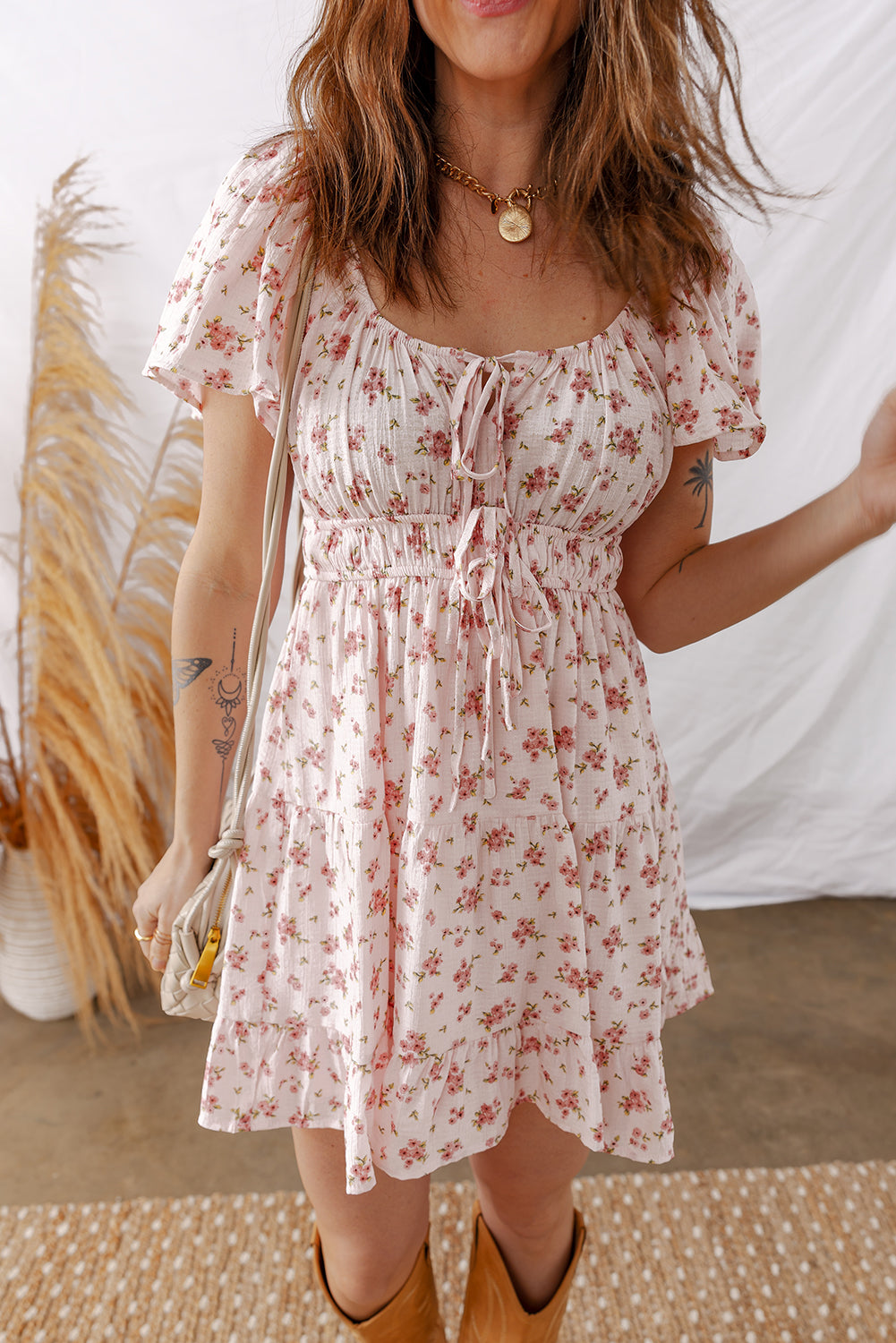 Pink Front Tie Shirred Waist Short Sleeve Ruffled Floral Mini Dress