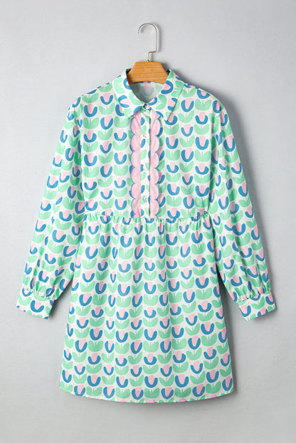 Green Floral Print Notched Neck Scalloped Detail Long Sleeve Mini Dress