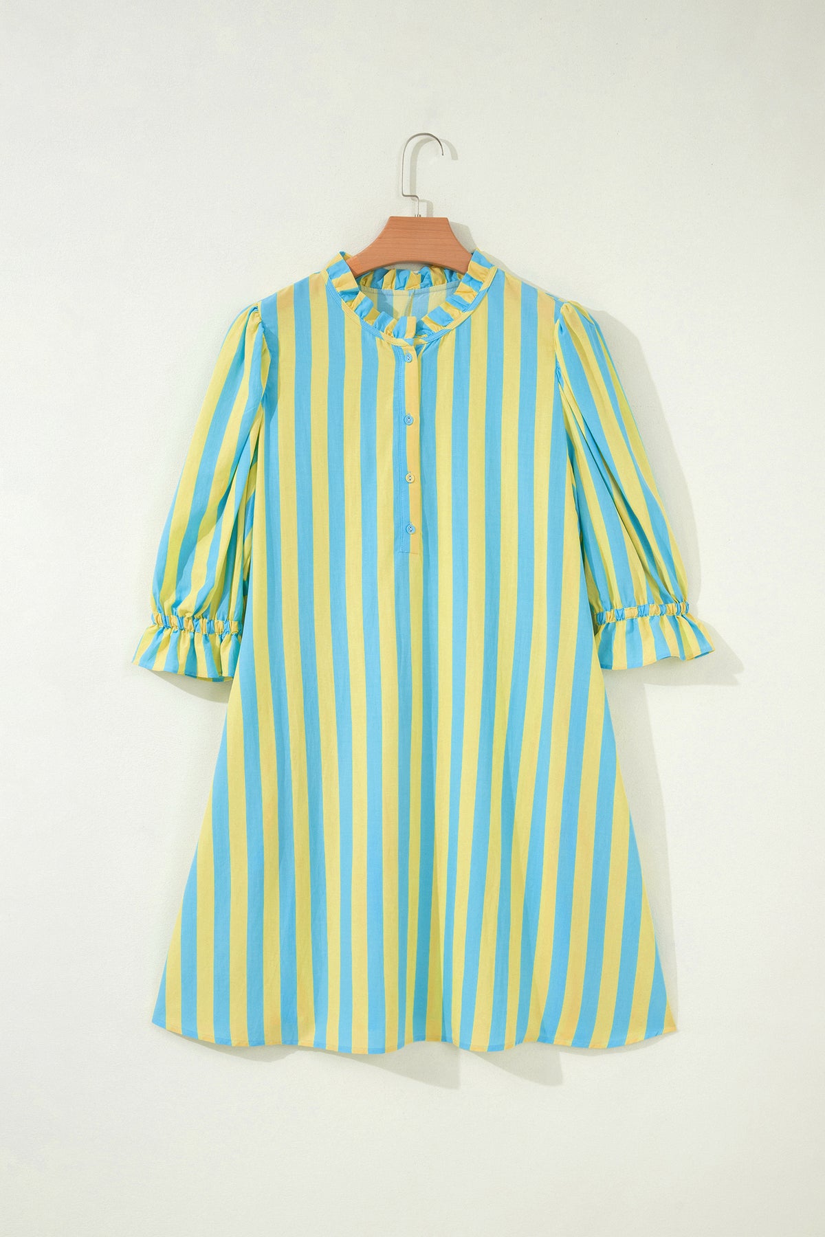 Red Stripe Half Button Puff Sleeve Loose Mini Dress