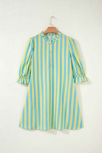 Red Stripe Half Button Puff Sleeve Loose Mini Dress