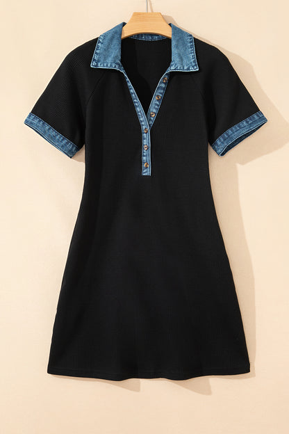 Black Waffle Knit Denim Contrast Trim Patchwork Button Polo Tee Dress
