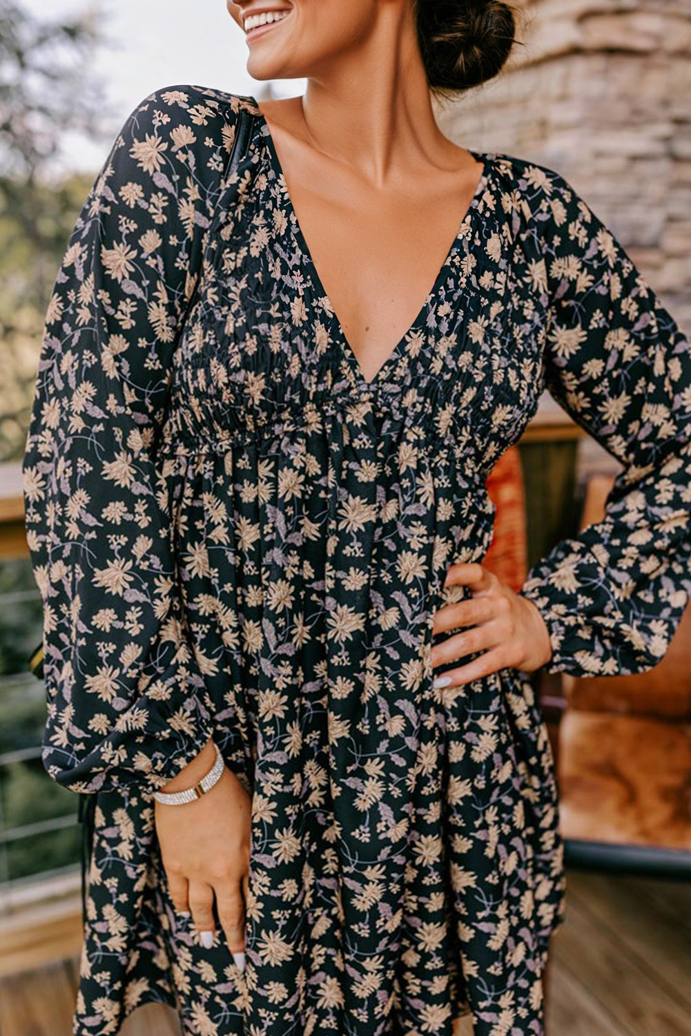 Beige Floral Deep V Neck Smocked Bust Bubble Sleeve Babydoll Dress
