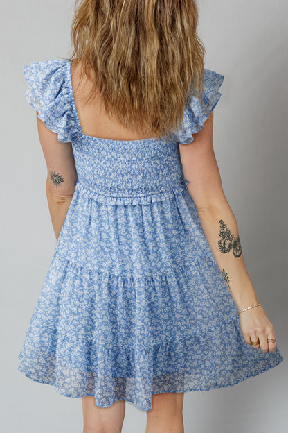 Sky Blue Floral Print Square Neck Flutter Sleeve Smocked Tiered Mini Dress