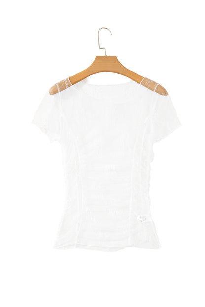 White Exposed Seam Ruched Sheer Floral Mesh Top