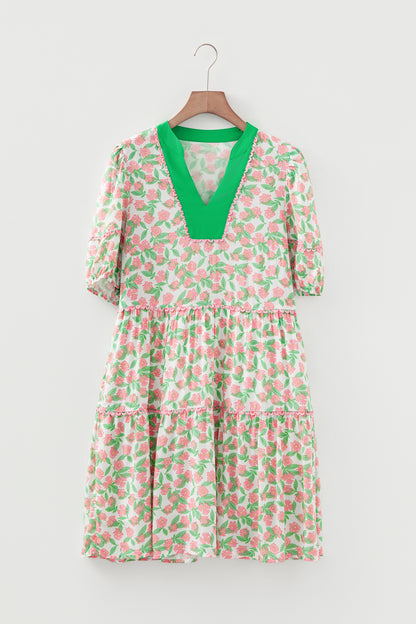 Green Contrast Neckline Ricrac Trim Floral Short Puff Sleeve Dress