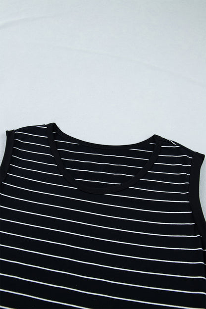 Black Stripe Drawstring Tunic Tank Mini Dress with Pockets