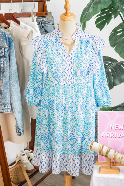 Sky Blue Boho Floral Geometric Patchwork Ruffle Detail Puff Sleeve Mini Dress