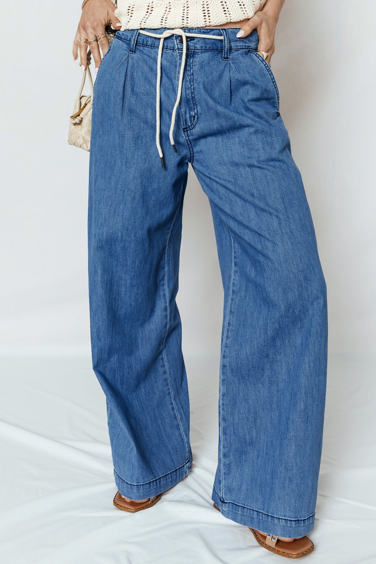 Dusk Blue Lace-up Pull on Wide Leg Jeans