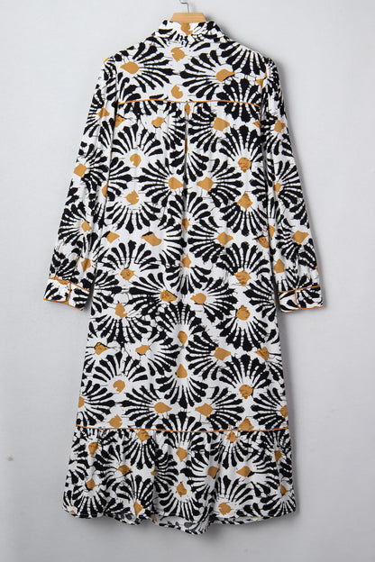 Black Abstract Floral Print Split V Neck Long Dress with Sleeves