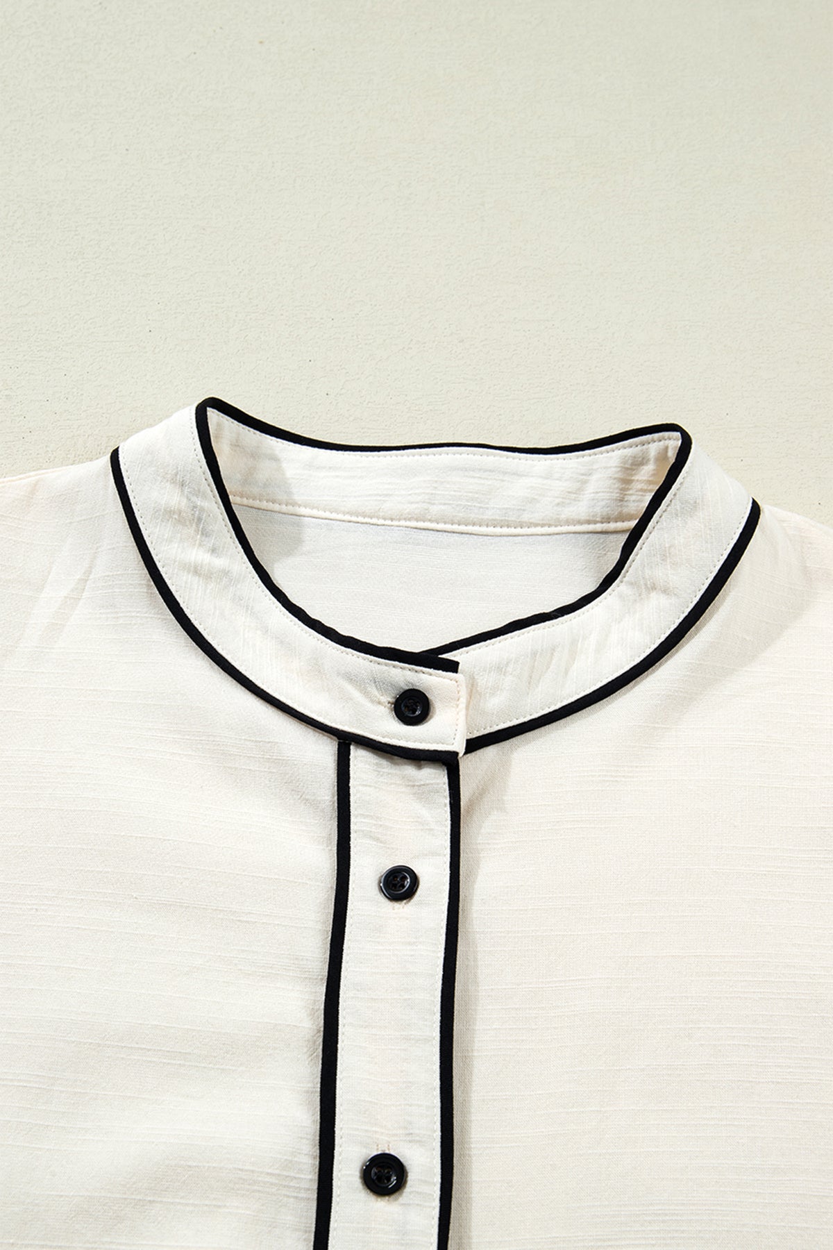Beige Contrast Color Trim Button Down Long Puff Sleeve Shirt