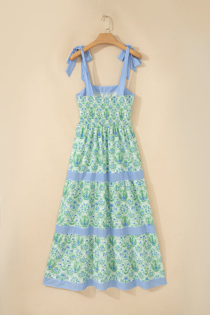Pink Geometric Floral Print Striped Patchwork Detail Sleeveless Dress