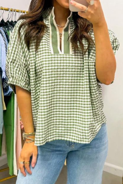Red Plaid Short Sleeve Colorblock Trim Split Neck Blouse