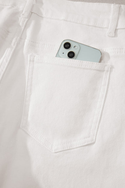 White Solid Color Rolled Cuffs Denim Bermuda Shorts