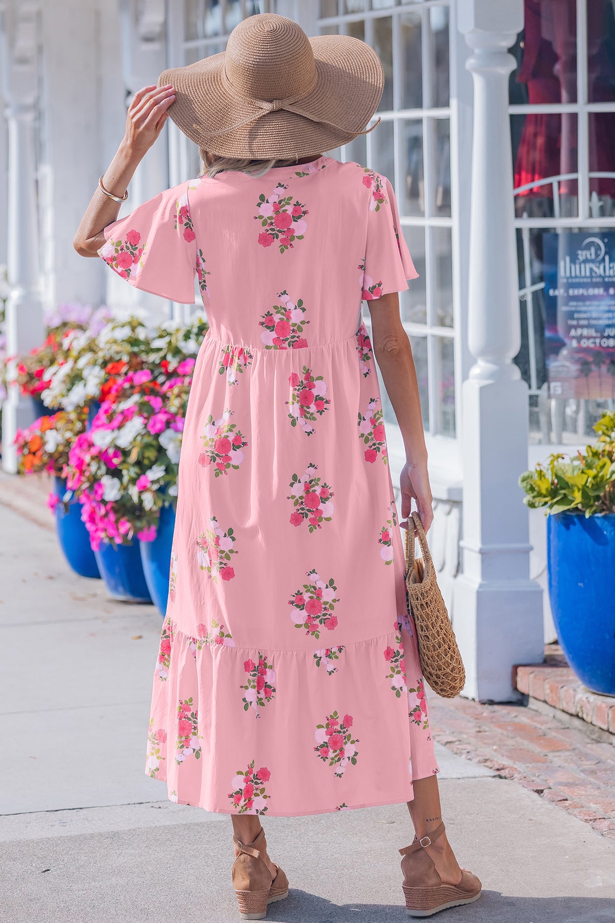 Sky Blue Notched Neck Flutter Short Sleeve Floral Print Maxi Dress