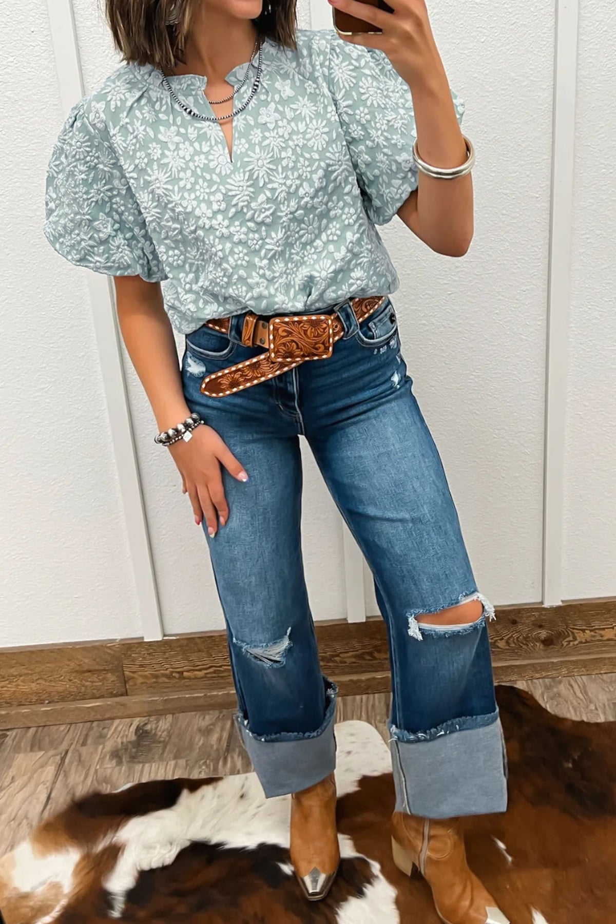 Iceland Blue Floral Textured Jacquard Puff Sleeve Blouse